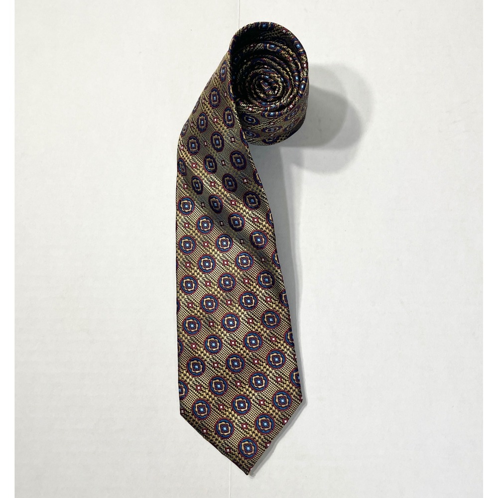 Bruno Piattelli Roma Silk Tie Gold Blue Geometric Medallion Hand Made Italy